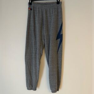 Aviator Nation Heather Grey Sweatpants with Blue Lightning Bolt, Size Small